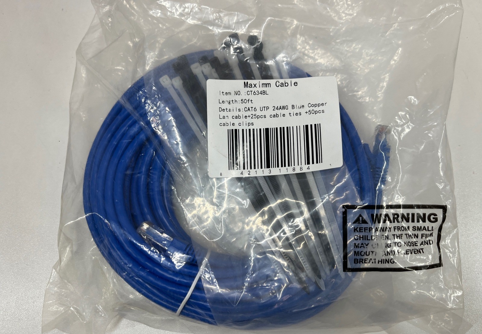 50 Feet Maximm Ethernet Cable CT634BL CAT6 Cat 6 50ft Blue w/ Kit Ties & Clips