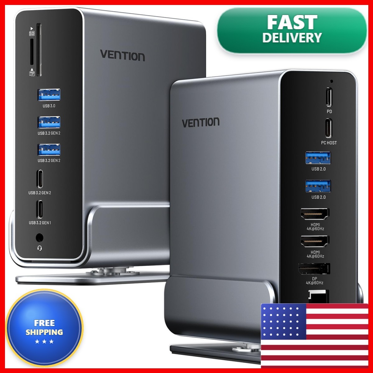 VENTION 15-in-1 Laptop Docking Station Dual Monitor, 360° Roatable Triple