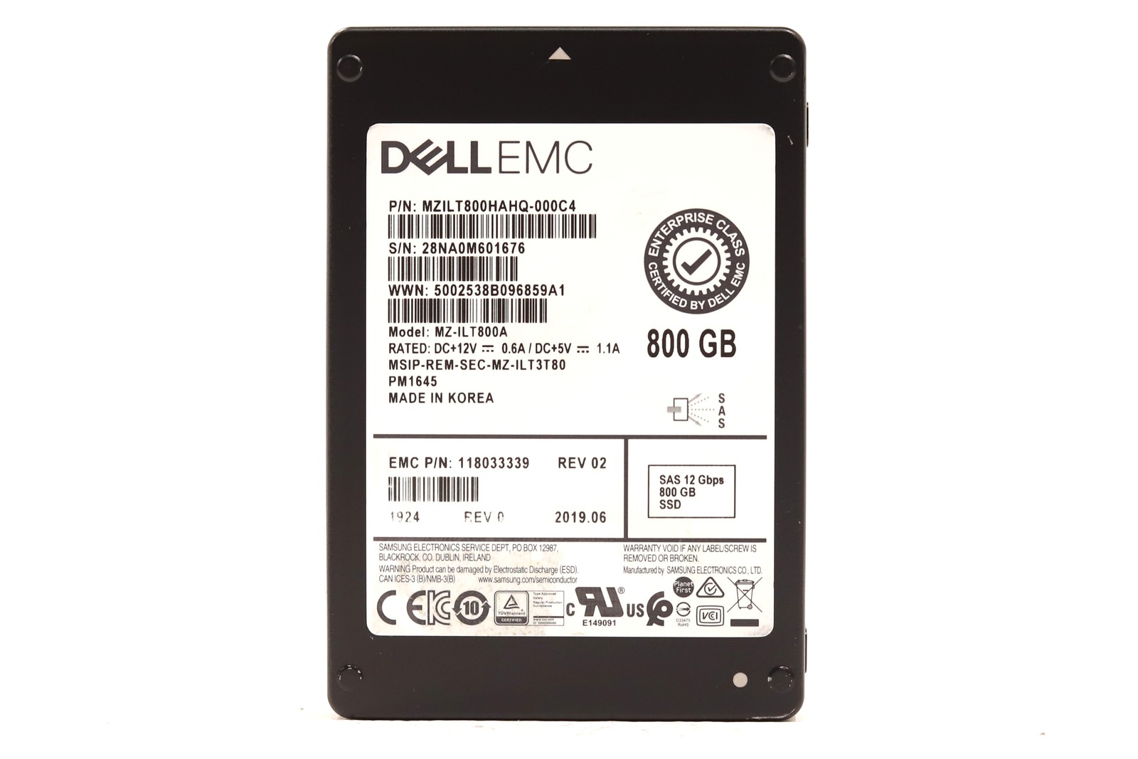 Dell EMC MZ-ILT800A PM1645 800GB 2.5" 12Gb/s SAS SSD EMC P/N: 118033339 Tested