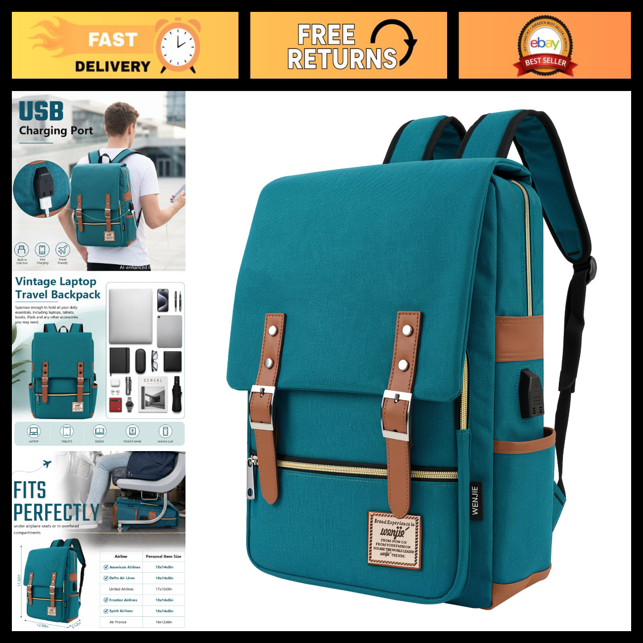 Stylish Vintage Laptop Backpack with USB Charging Port, Casual Rucksack for Trav