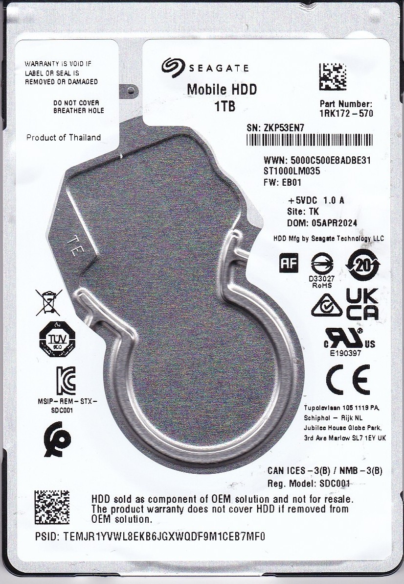 ST1000LM035 p/n: 1RK172-570 s/n: ZKP5 fw: EB01 TK APR 2024 1TB 2.5" SATA SEAGATE