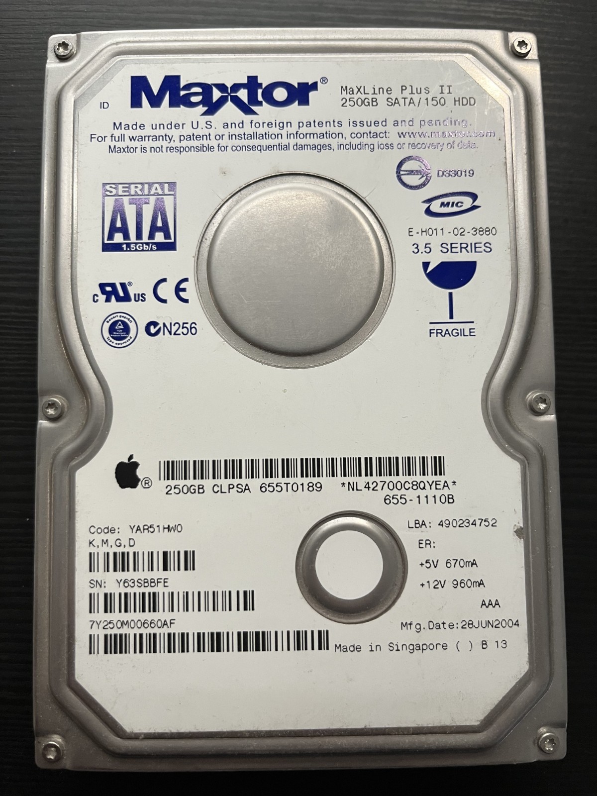 Maxtor MaxLine Plus II 250gb SATA/150 HDD 7200 RPM 8MB cache used pull from Mac