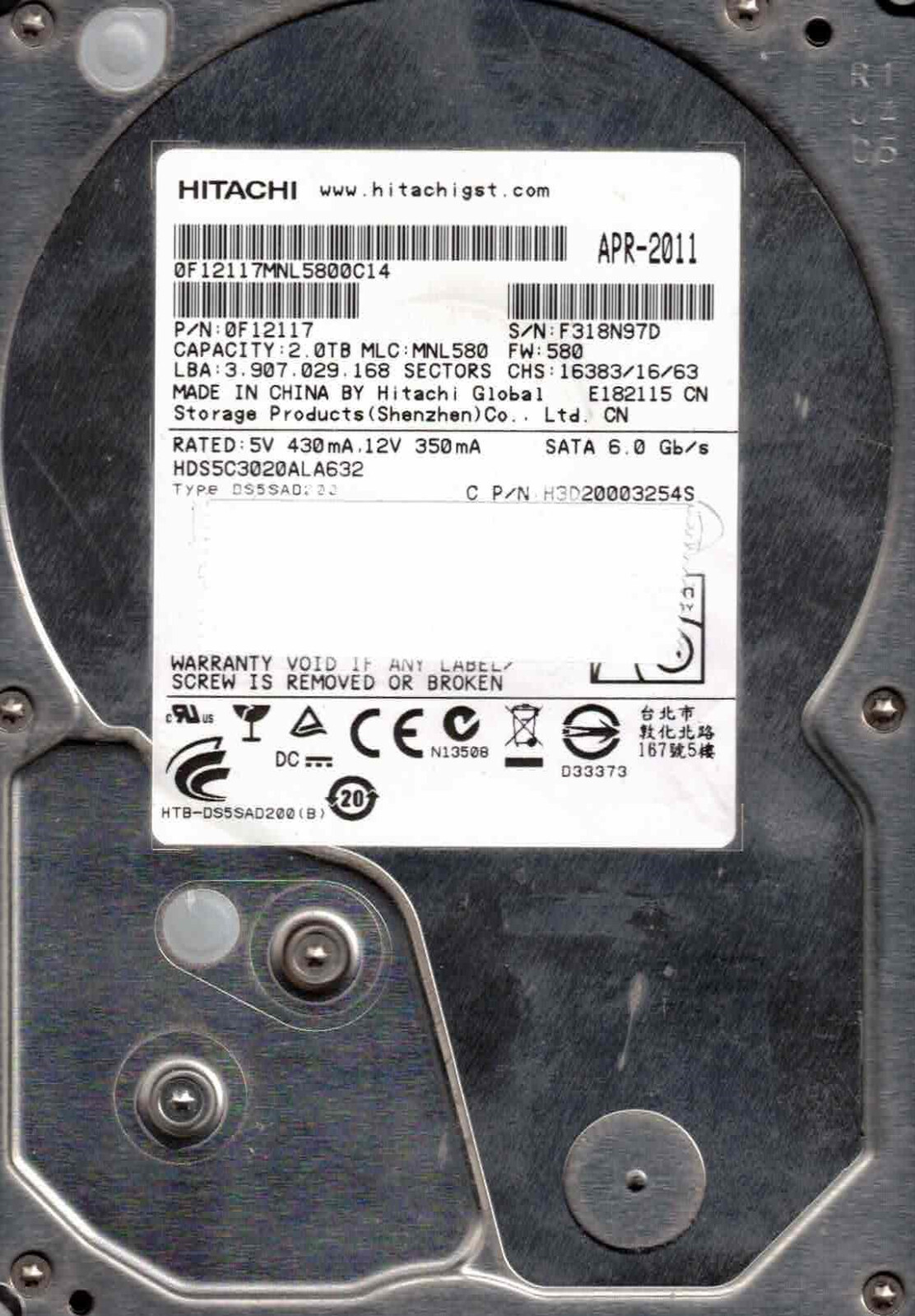 HDS5C3020ALA632,  0F12117, MNL580,  HITACHI SATA 2TB APR 2011