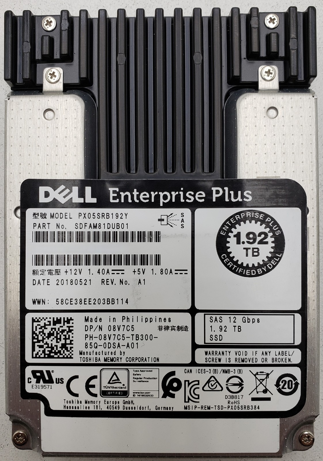 Dell PX05SRB192Y 1.92TB 12Gb/s SAS 2.5in Enterprise SSD P/N: SDFAM81DUB01.