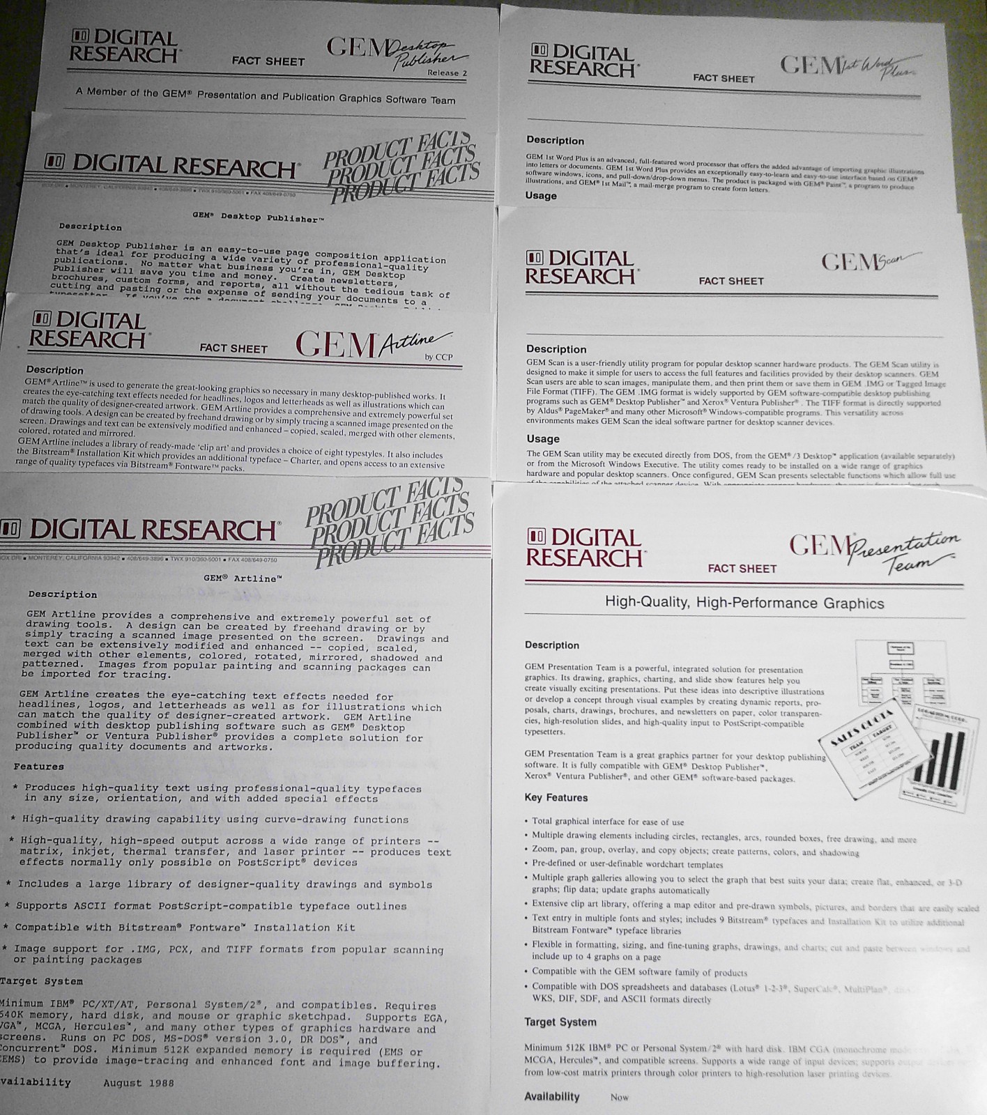 1988 Digital Research GEM Fact Sheets - Desktop Publisher, Artline, etc
