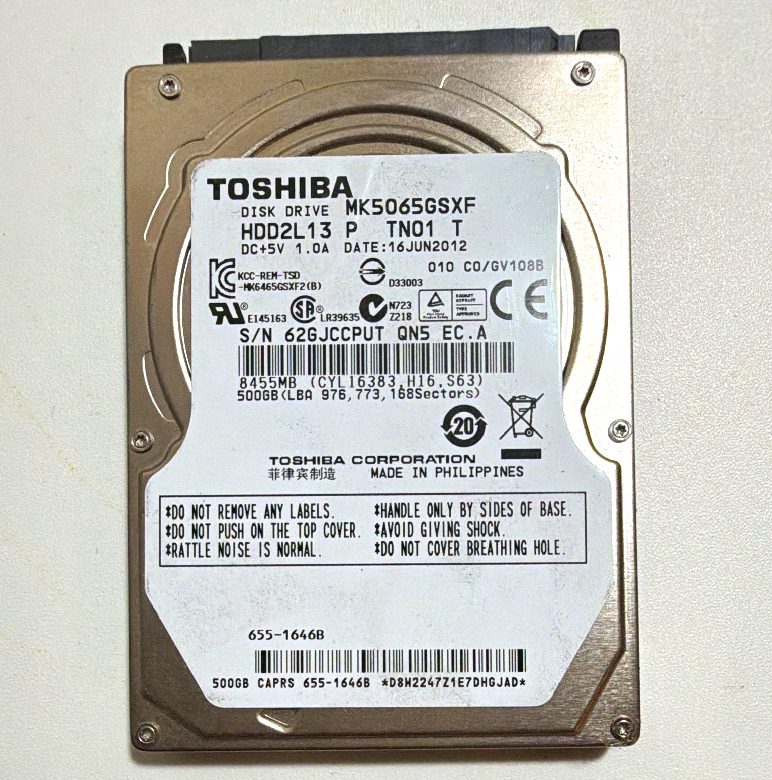 Toshiba MK5065GSXF 500GB 2.5" SATA Laptop HDD 5400RPM 8MB Shock Resistant