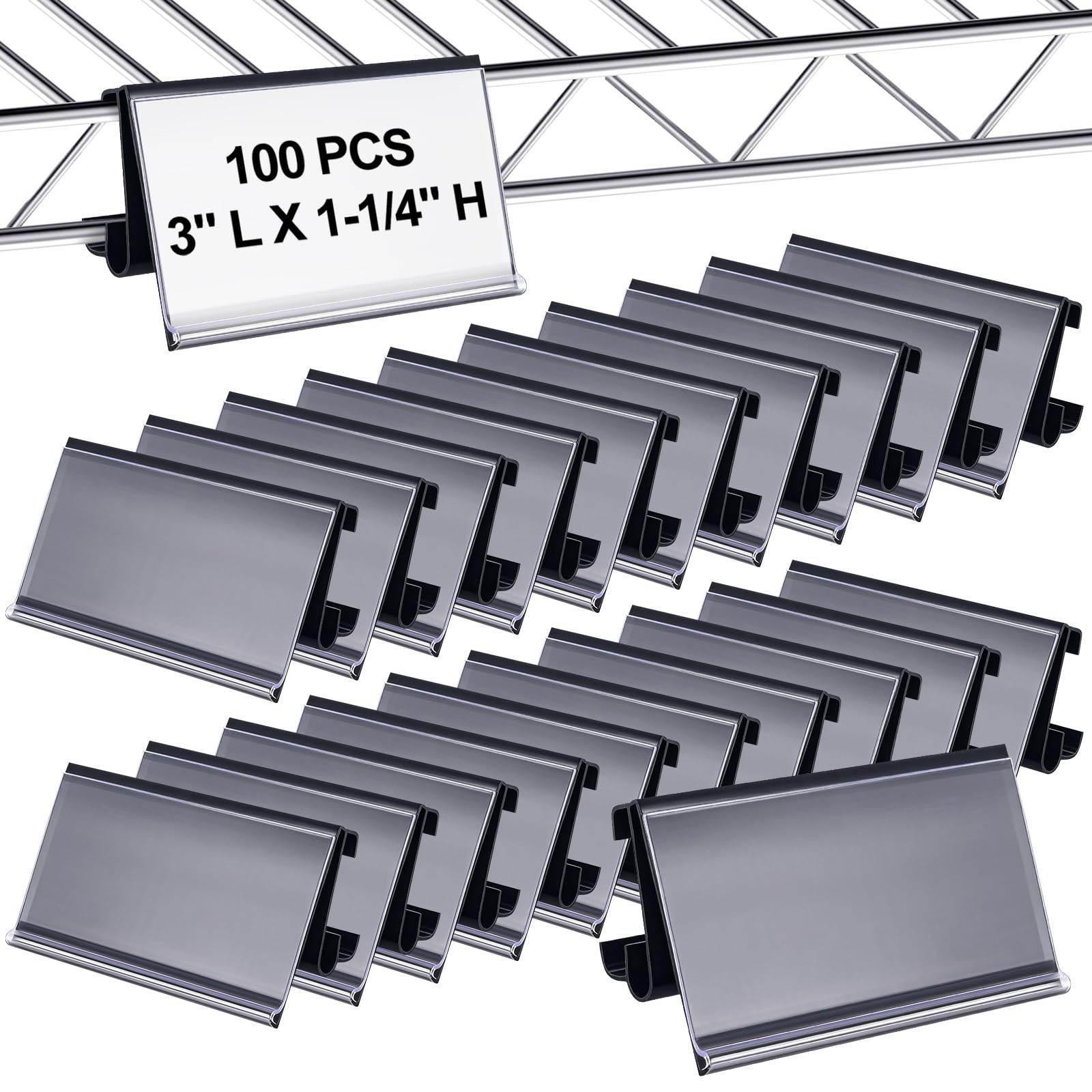 100 PCS Wire Shelf Label Holders 3x1.25 Inch Plastic Rack Clips Price Tags