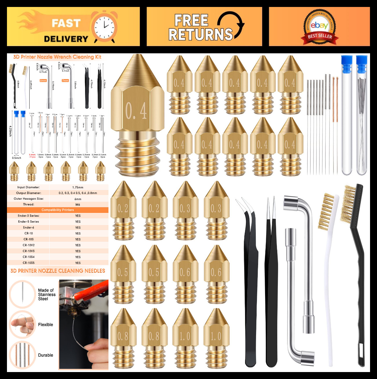 3D Printer Nozzle Cleaning Kit - 50 Pieces, 19 Stainless Steel Needles & 23 MK8