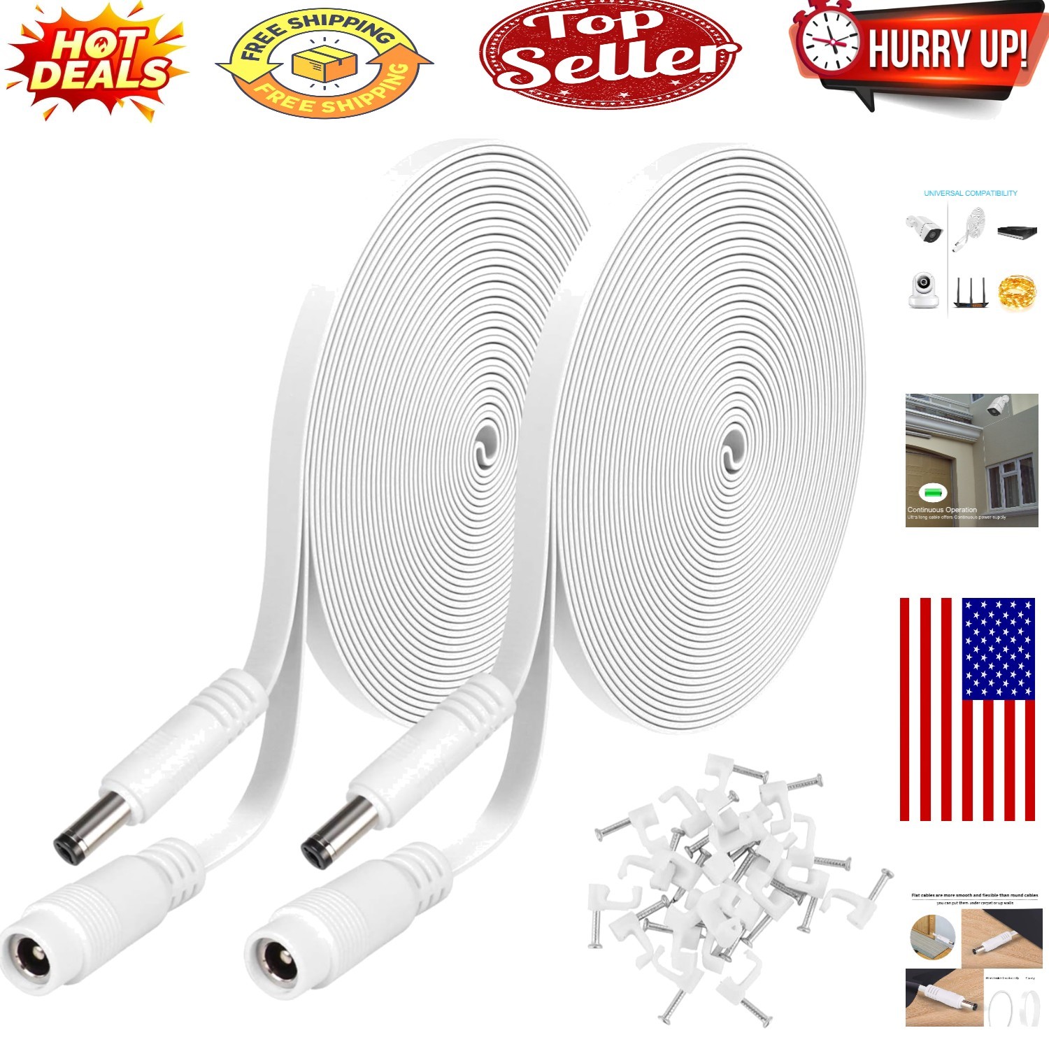 10ft/3m Lightweight DC Power Extension Cable for Security Cameras - 2 Pack