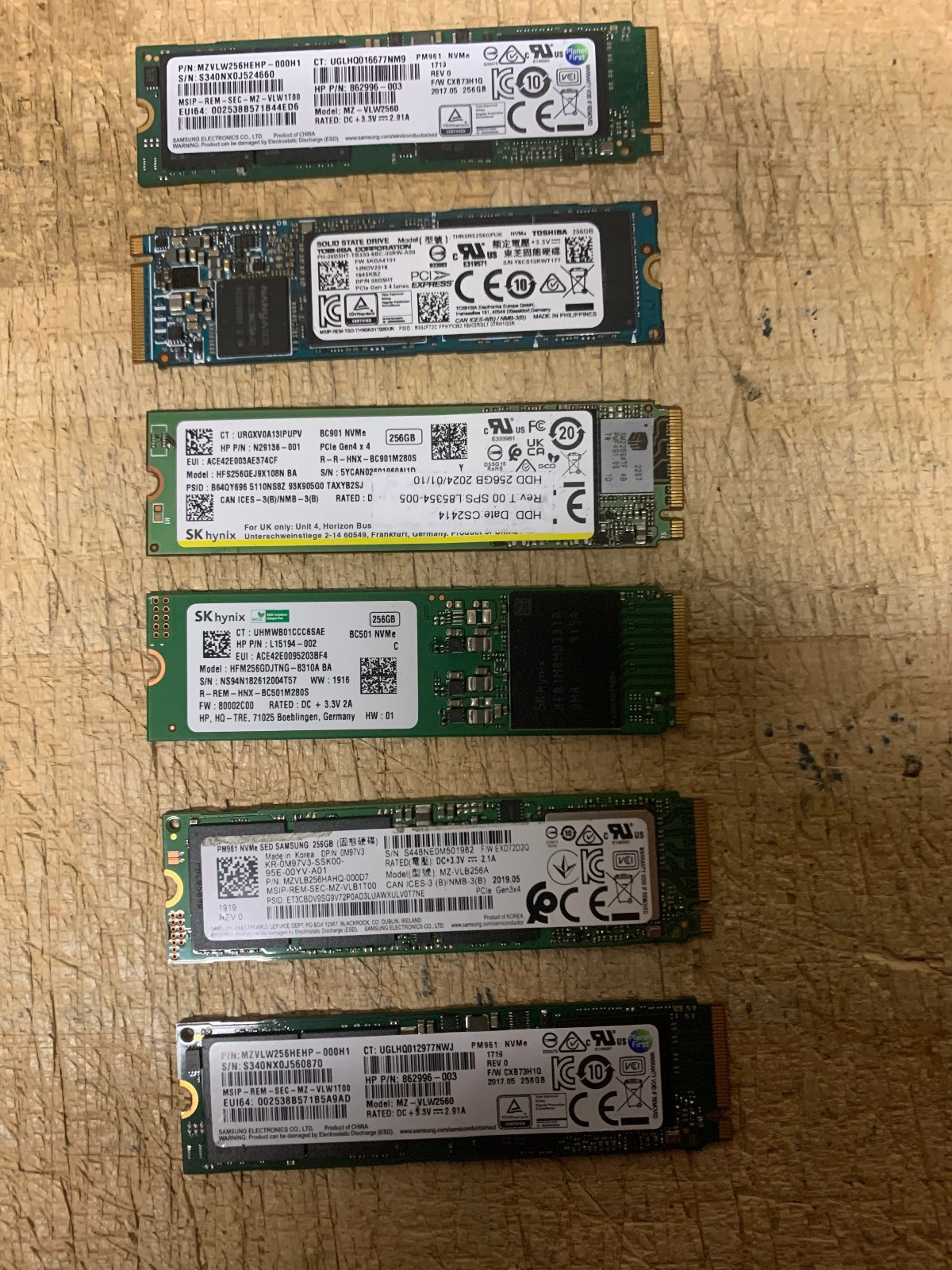 LOT OF 6 Mixed Major Brand 256GB NVMe PCIe Gen3 x4 M.2 2280 Solid State Drive