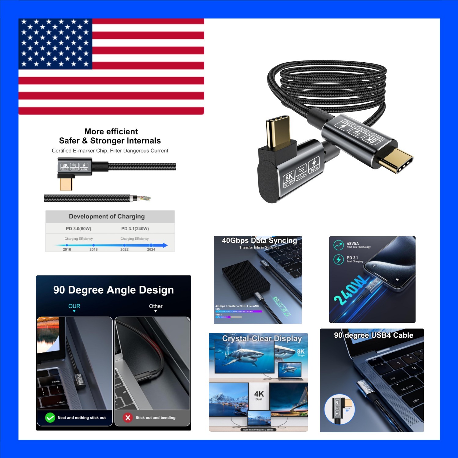 Right Angle USB C Thunderbolt 4 Cable 6.6FT | Quick Charging & High Speed Data