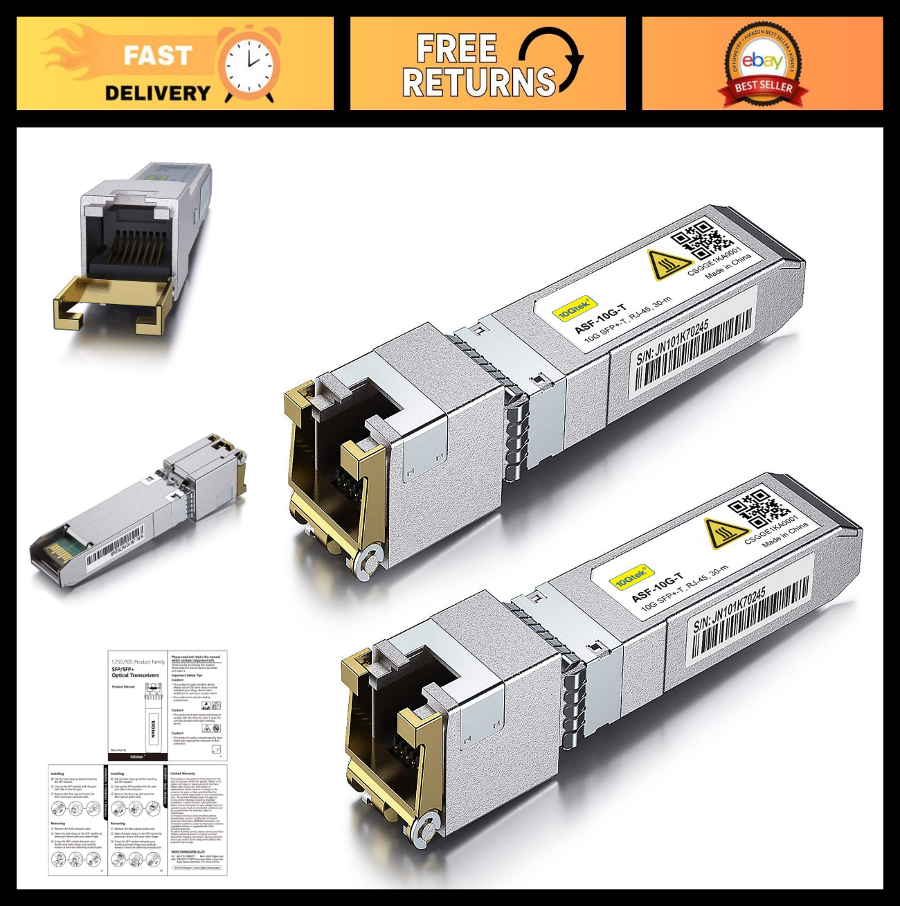 10G SFP+ to RJ-45 Transceiver Module, 10GbE Copper Ethernet CAT6a, 30m, Pack of