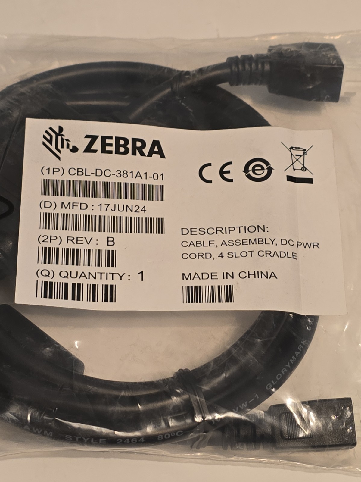 Zebra CBL-DC-382A1-01 Standard Power Cord - For Cradle FROM A SINGLE LEVEL VI