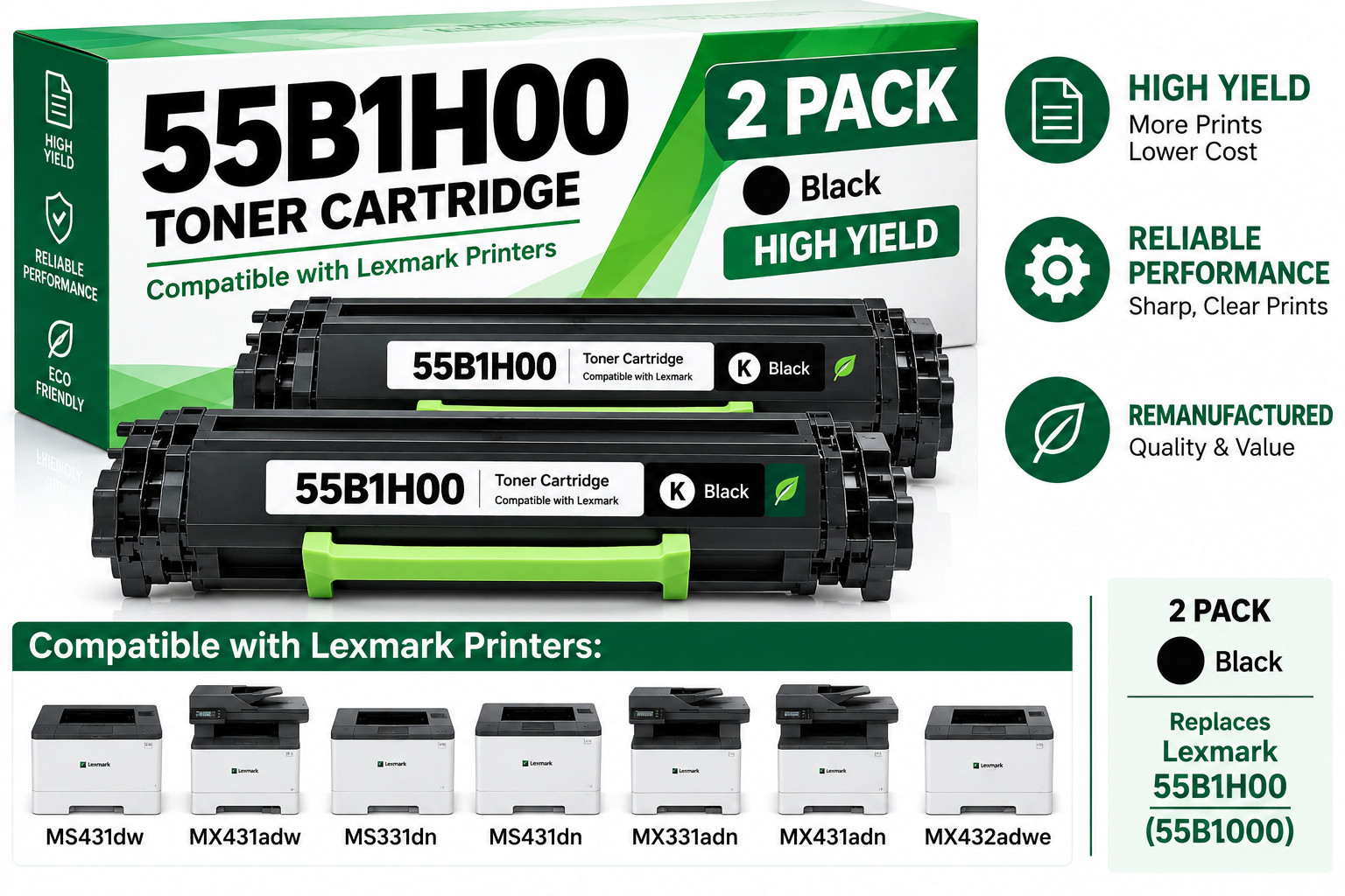 55B1H00 55B1000 Toner 2 Pack Lexmark MS431dw MX431adw High Yield Black