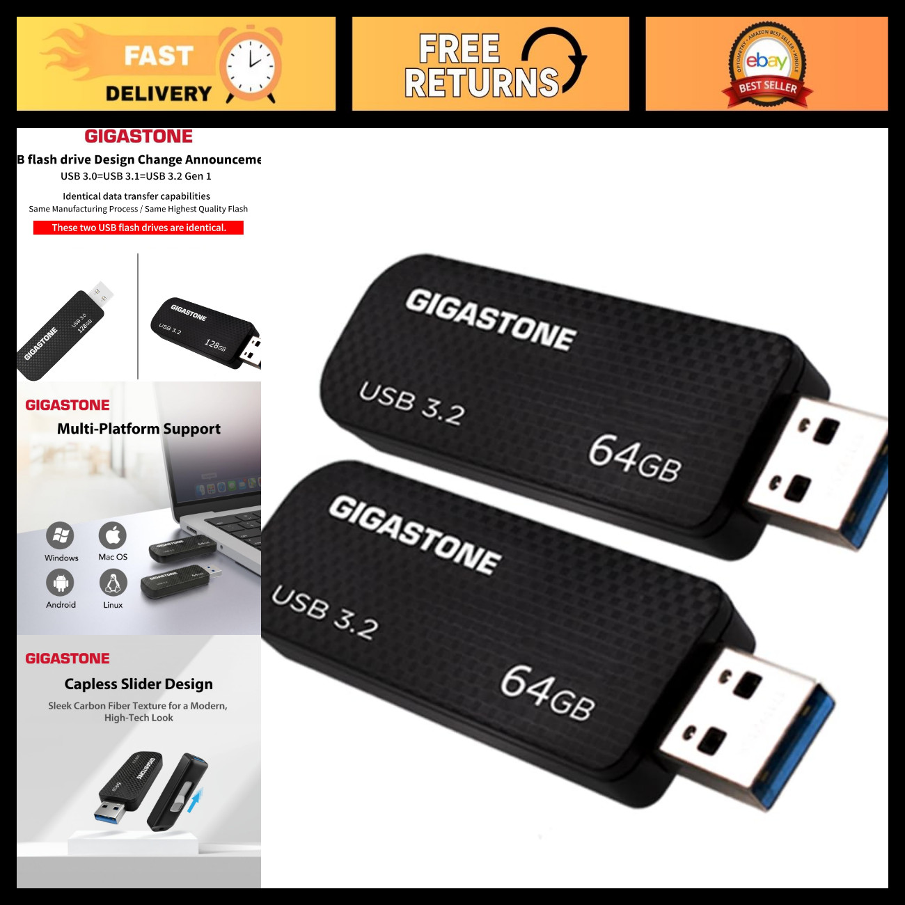 64GB USB 3.2 Flash Drive 2-Pack, High-Speed 80MB/s, Retractable, Carbon Fiber De