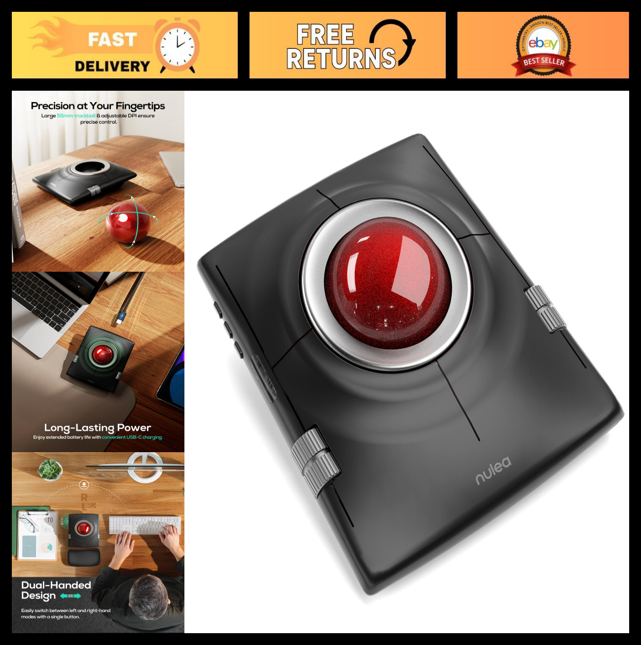 Ergonomic Wireless Trackball Mouse - 55mm Large Ball, Ambidextrous Design, Comfo
