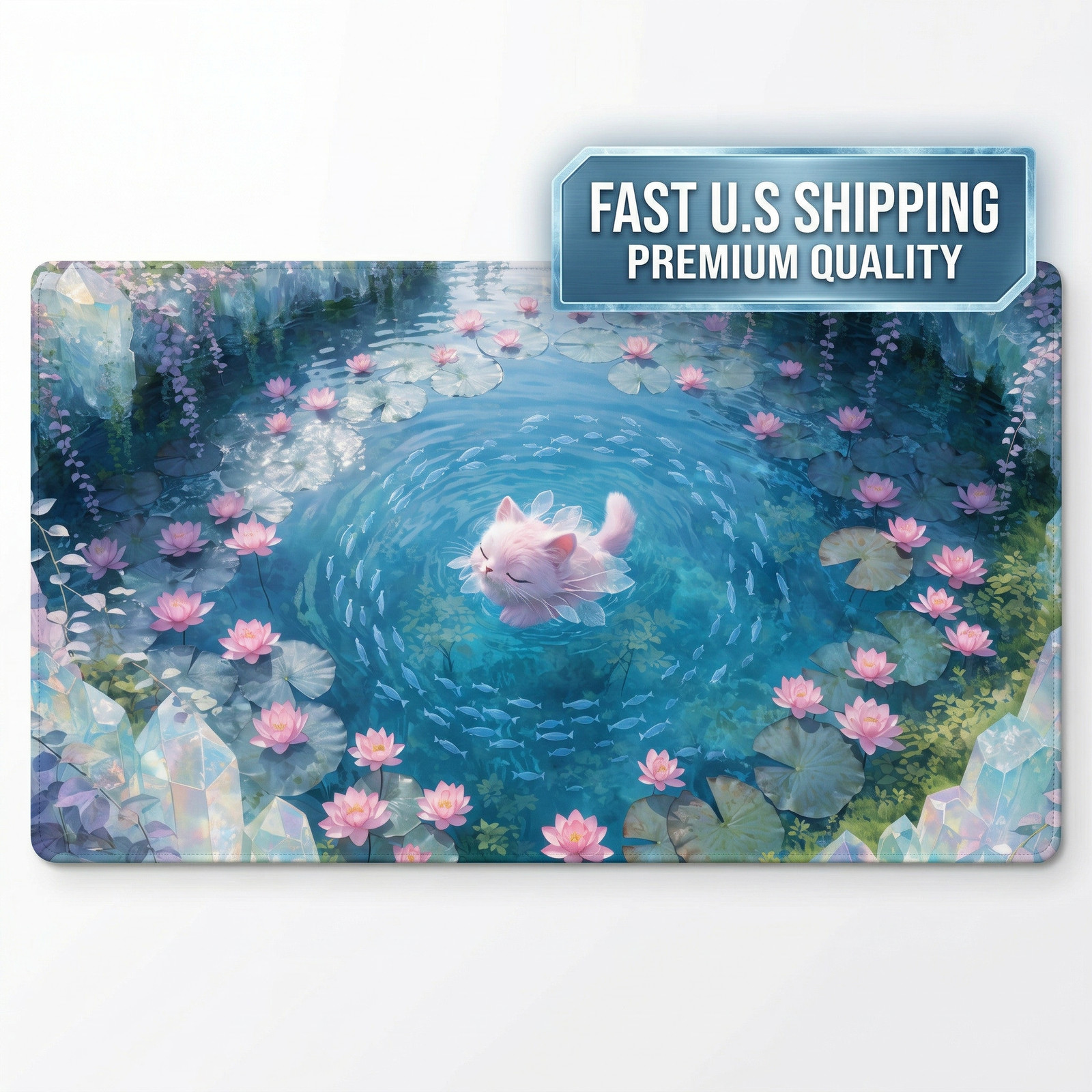 Pink Cat Lotus Pond Gaming Mouse Pad XXL Extended Desk Mat 36x18 Stitched Edges