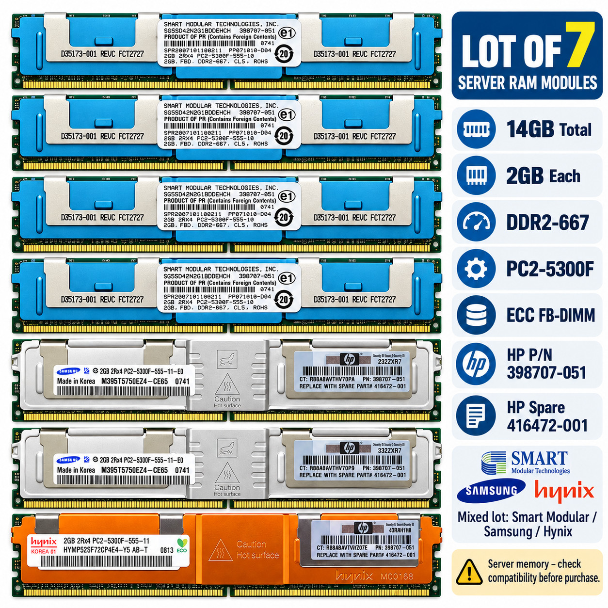 Lot 7 HP 398707-051 2GB DDR2-667 PC2-5300F ECC FB-DIMM Server RAM 14GB Buffered