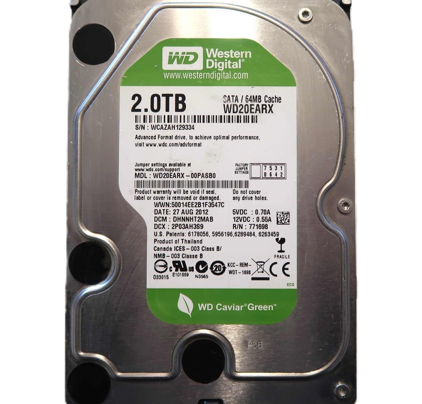WD WD20EARX-00PASB0 DHNNHT2MAB (WCAZ) Thailand 2TB 3.5" Sata HDD AUG/2012