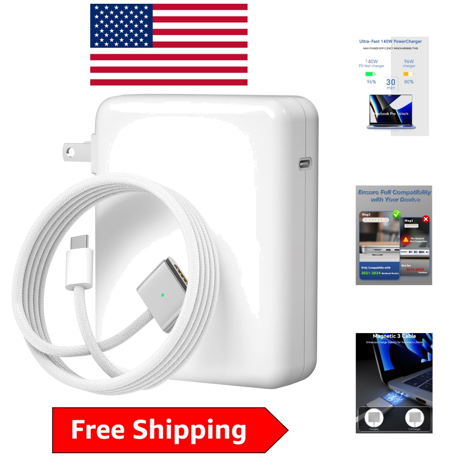 140W Charger for MacBook with Enhanced Battery Protection & 6.6FT Magnetic Cable