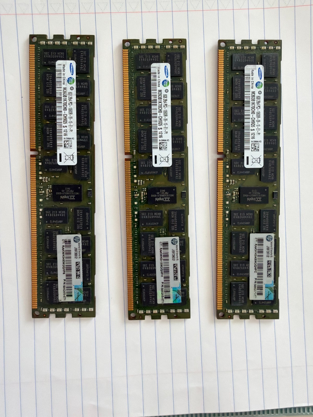 Samsung HP 24GB (3x8GB) PC3-10600R DDR3-1333 ECC Server RAM M393B1K70CH0-CH9Q5