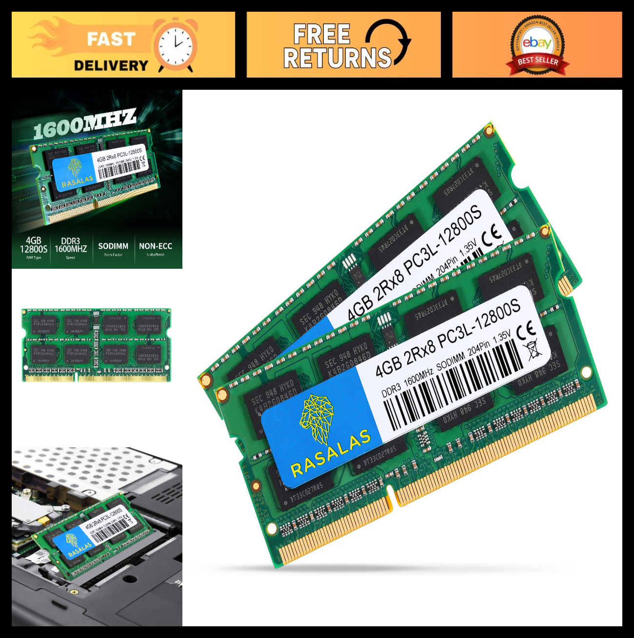 8GB DDR3L 1600MHz Laptop RAM Upgrade - 2x4GB SODIMM PC3L-12800S 204Pin CL11