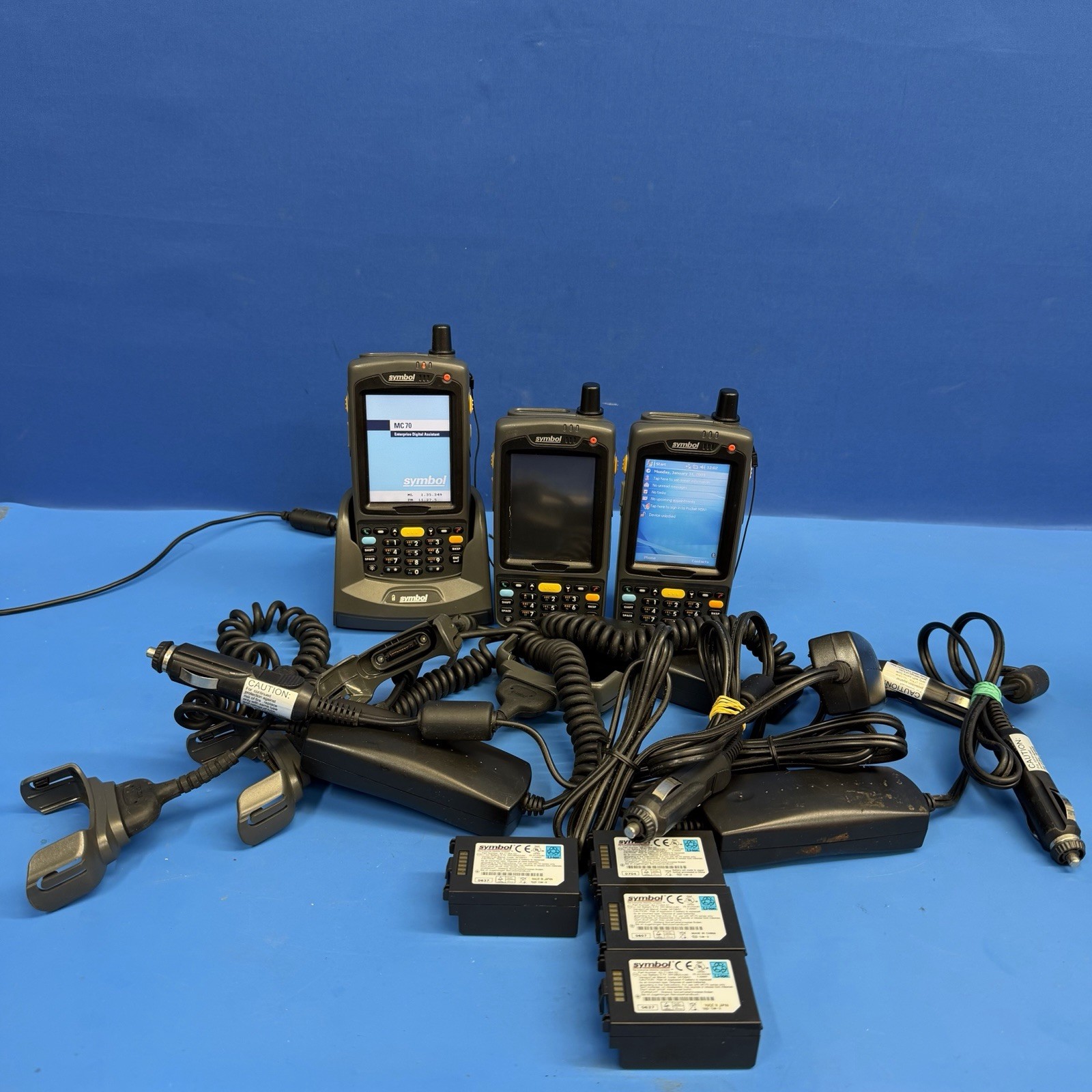 Symbol MC7004 Lot of 3 Barcode Scanners Dock 7 Batteries Car Chargers AS IS