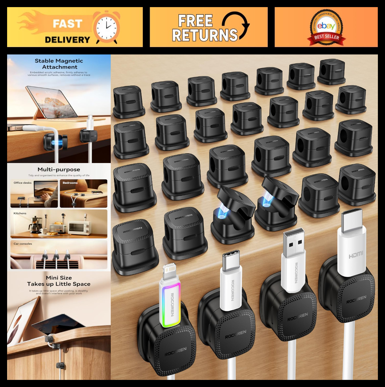 30-Pack Magnetic Cable Clips - Adjustable Cord Organizer & Holder for Home Offic
