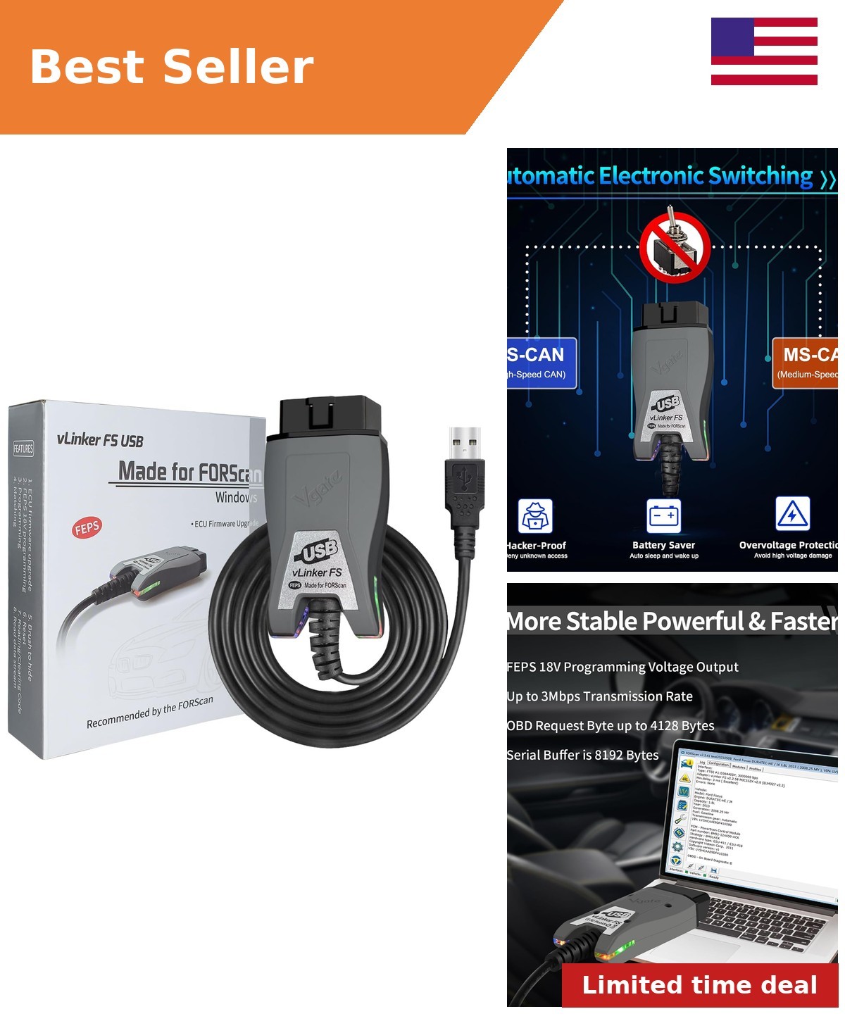 VGATE vLinker FS USB FORScan OBD2 Adapter for HS/MS-CAN Auto Switch