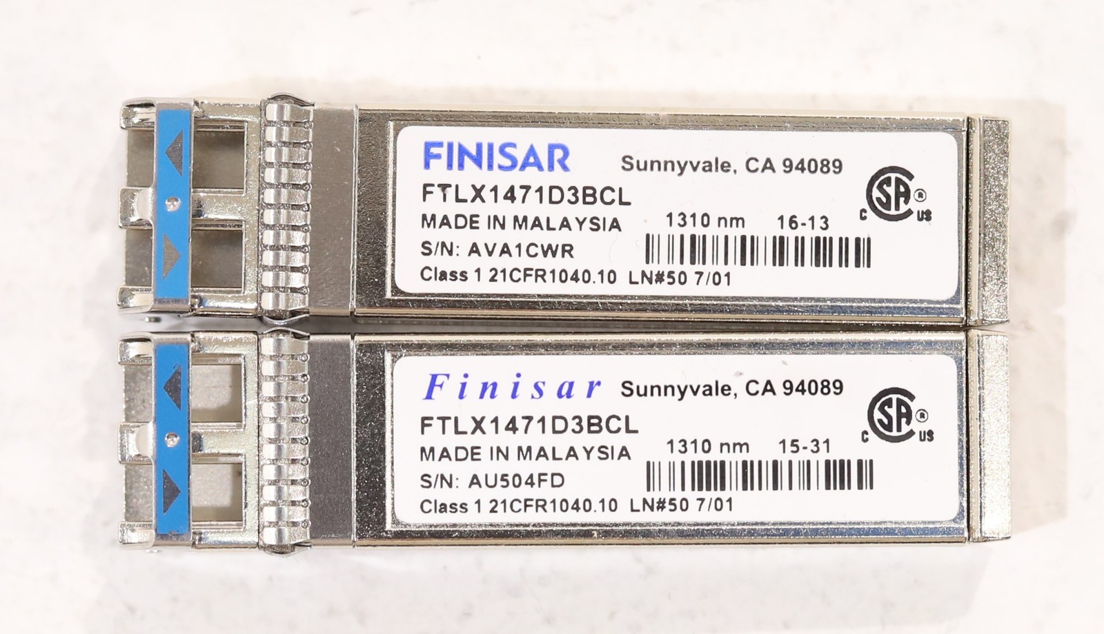 Lot of 2 Finisar 10GbE SFP+ 1310nm 10KM SMF Transceiver Module P/N:FTLX1471D3BCL