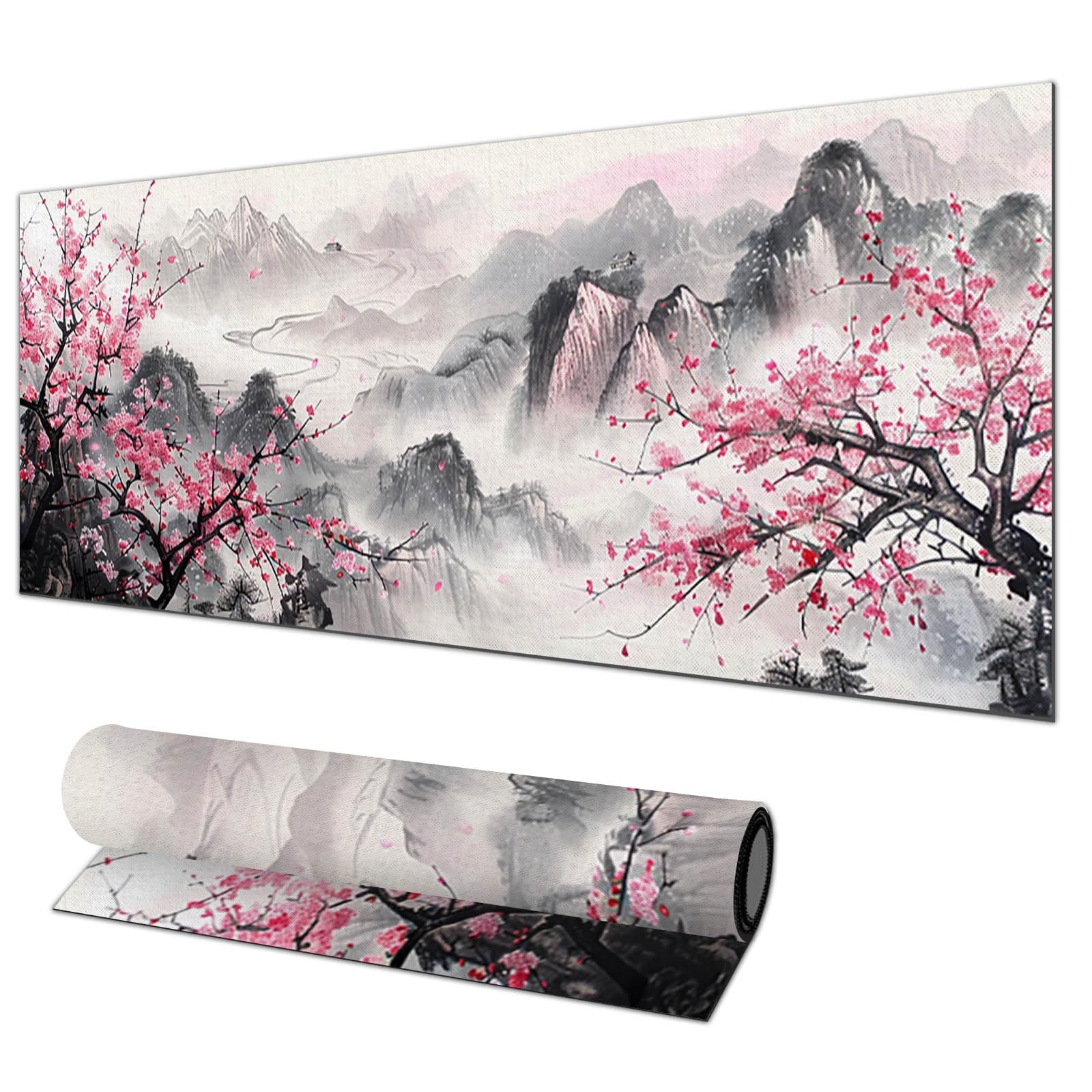 31.5x11.8 Inch XL Ink Landscape Cherry Blossom Art Large Desk Gaming Mouse Pad