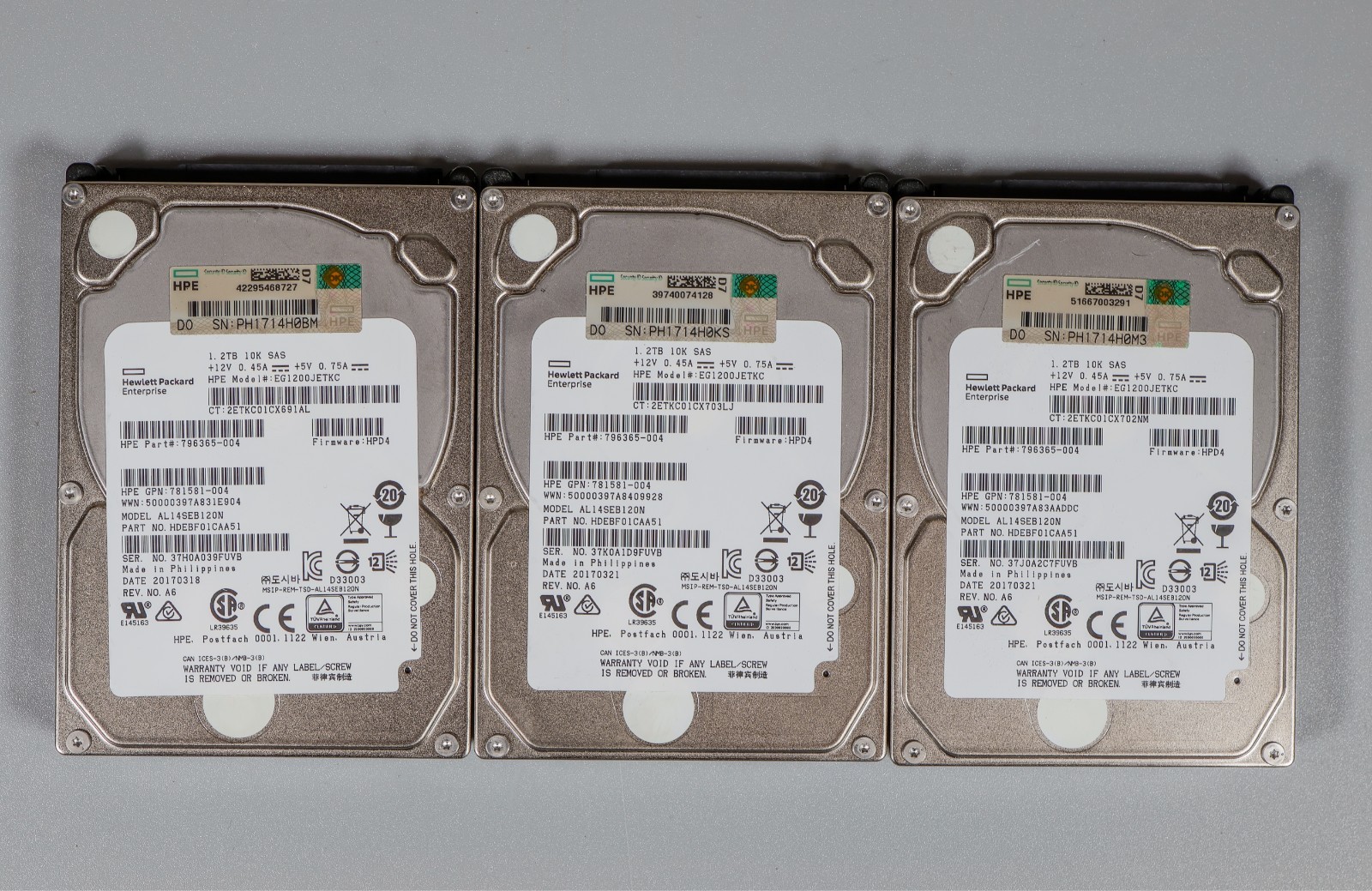 Lot of 3 HPE EG1200JETKC 1.2TB 10K 12G SAS 2.5" HDD 796365-004