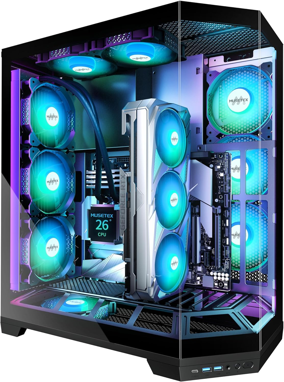 PC Case, Vertical GPU Mounting Design, Pre-Installed 5 PWM ARGB Fans, 360MM RAD