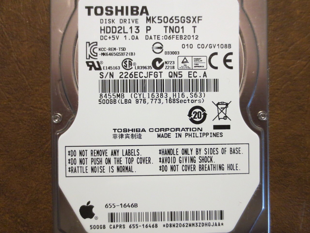 Toshiba MK5065GSXF Apple# 655-1646B 500gb 2.5" Sata hard drive