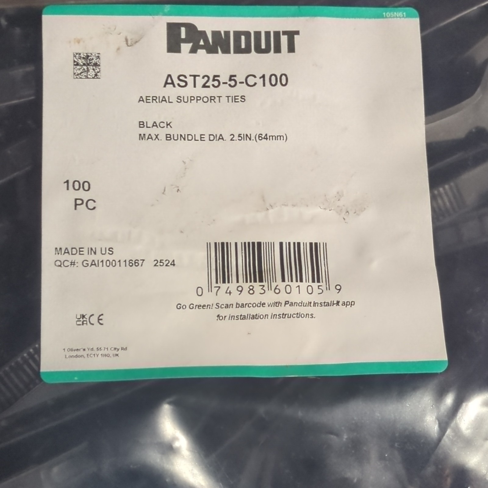 PANDUIT AST25-5-C100 Aerial Support Ties Black UV PP 10X.44" 100 Each