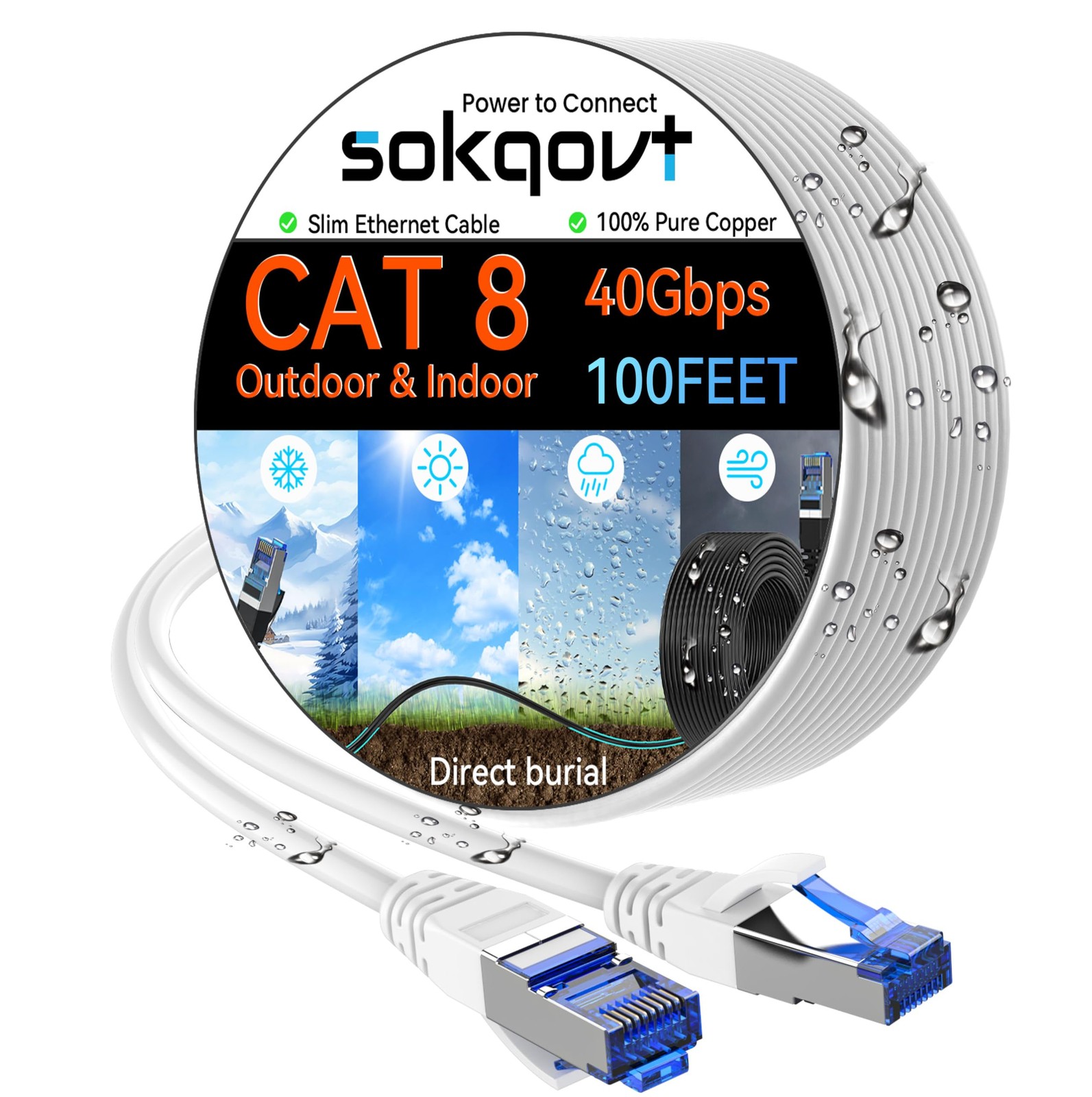 Cat 8 Ethernet Cable Slim 100ft Outdoor&Indoor, Pure 100ft, White
