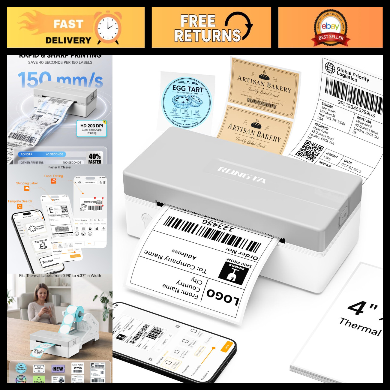 4x6 Bluetooth Thermal Shipping Label Printer - Wireless, High-Speed, Compact Des