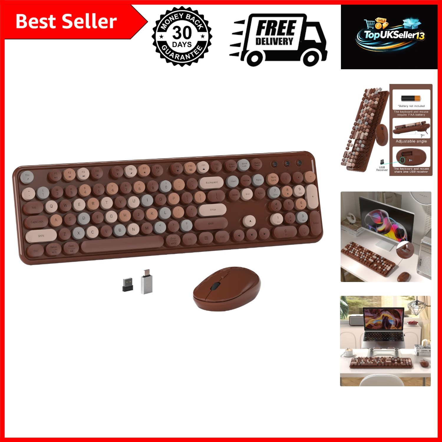 Colorful Wireless Computer Keyboard and Mouse Combo Coffee-Colorful
