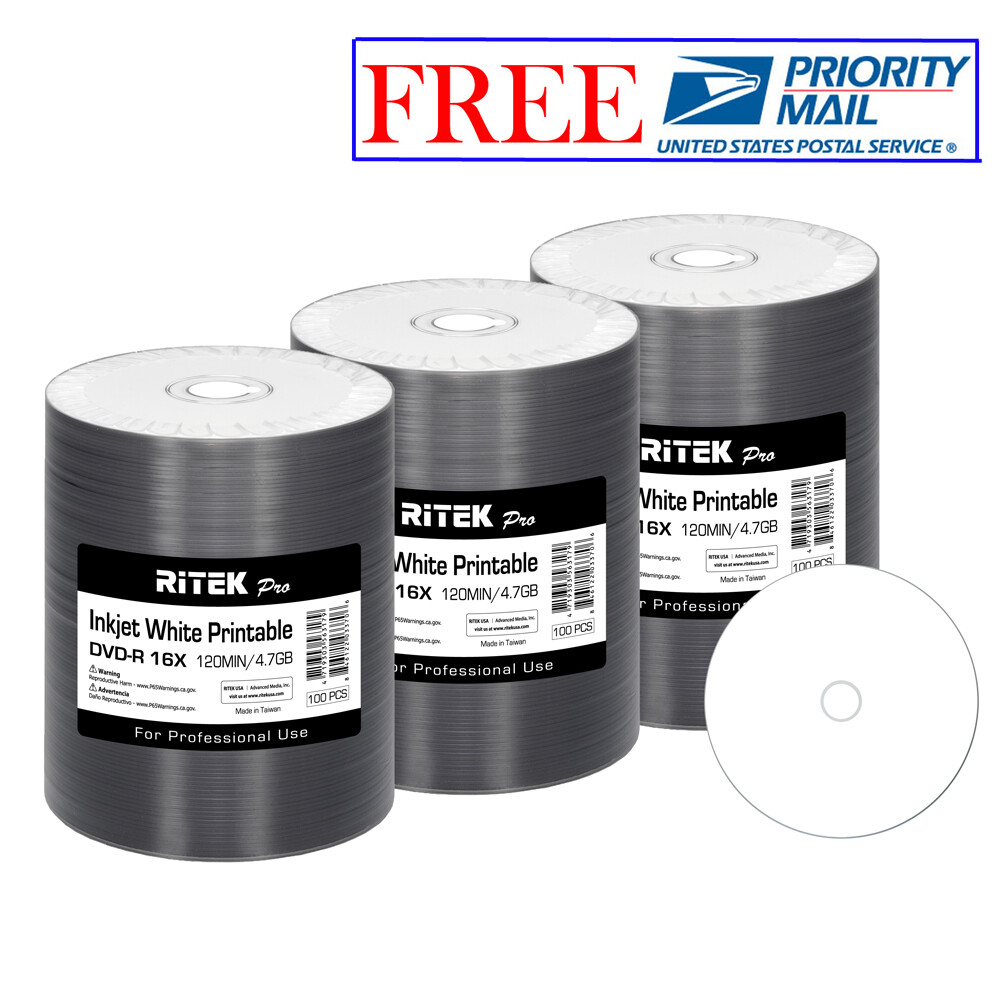 300 Pack Ritek Pro DVD-R 16X 4.7GB White Inkjet Hub Printable Blank Media Disc