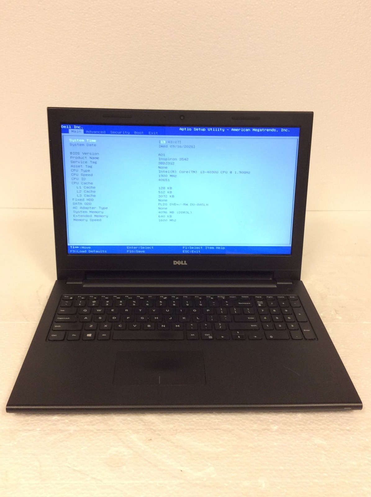 Dell Inspiron 3542 15.6" laptop Intel i3-4030U 1.90Ghz w/ 4Gb Ram, DVD-RW, No HD