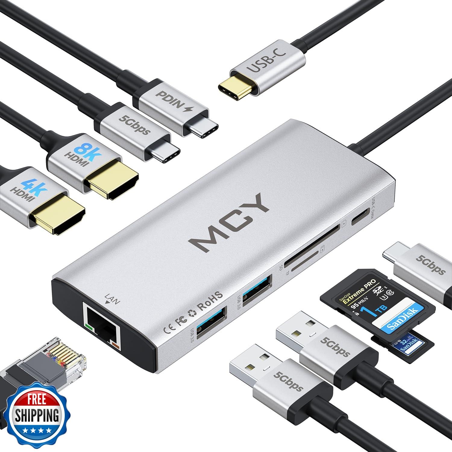 MCY USB C Hub,Laptop Docking Station Dual Monitor Single 8K,2x4K@60Hz,10 in 1