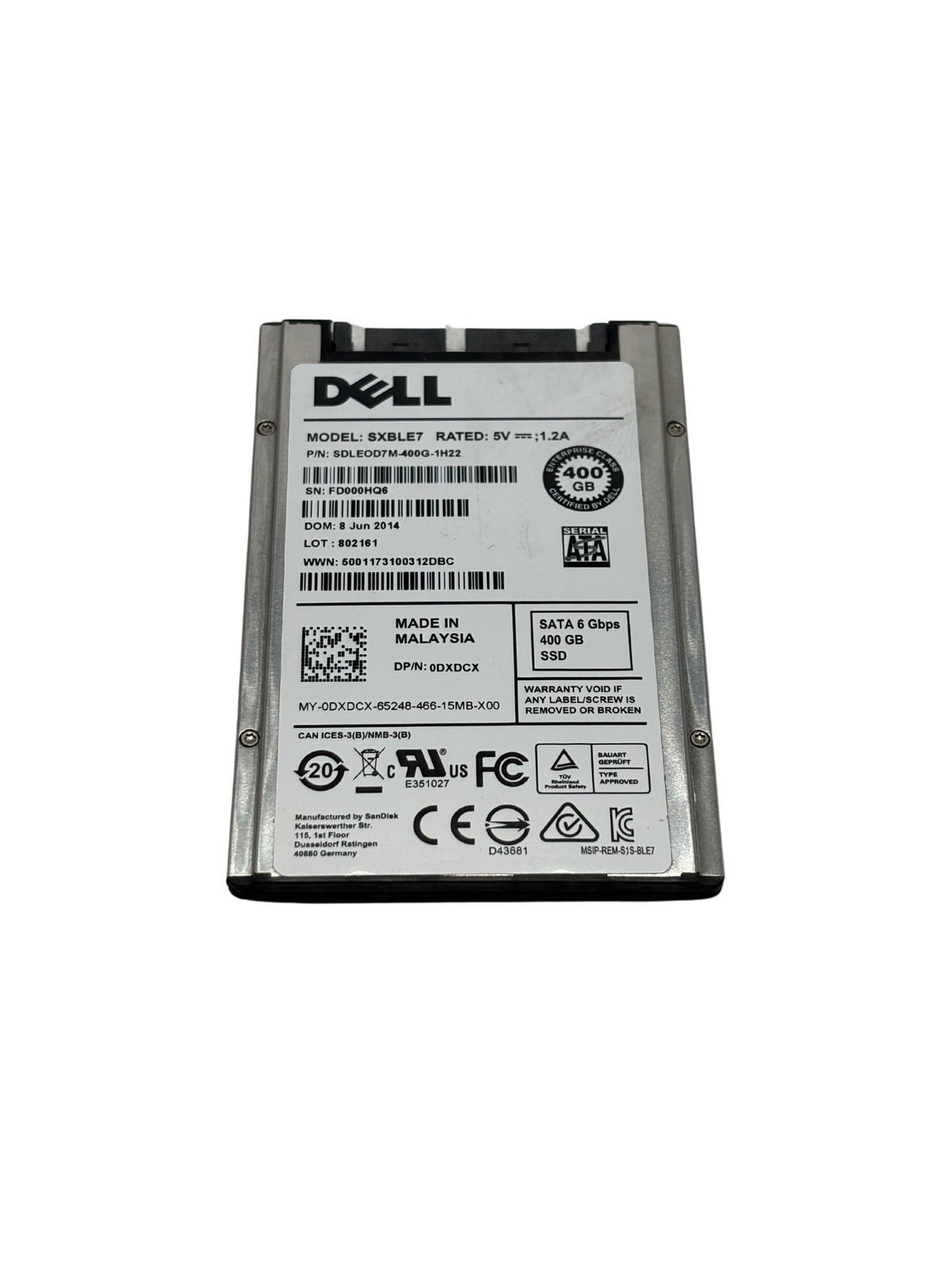 Dell DXDCX 400GB SSD SATA 6GBPS 1.8" Hard Drive SXBLE7 SDLE0D7M-400G-IH22