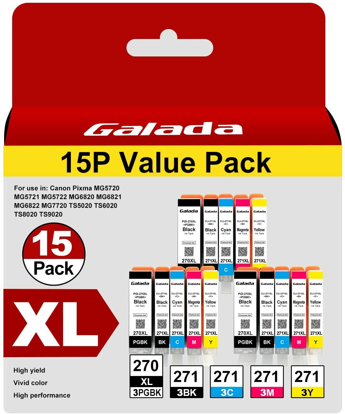 15 PK PGI-270 XL CLI-271XL Ink compatible for Canon PIXMA MG5720 TS5020 NO GREY