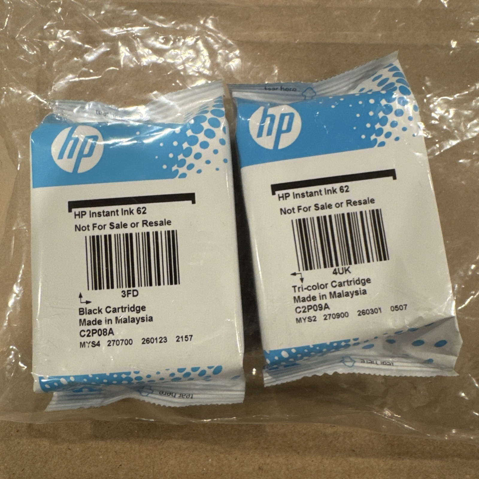 HP Instant Ink 62, 2 Unopened Cartridges Black and Tri-Color Cartridges