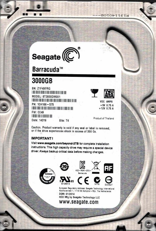 ST3000DM001 F/W: CC49 P/N: 1CH166-575 TK Z1F4 01/2014 Seagate 3TB