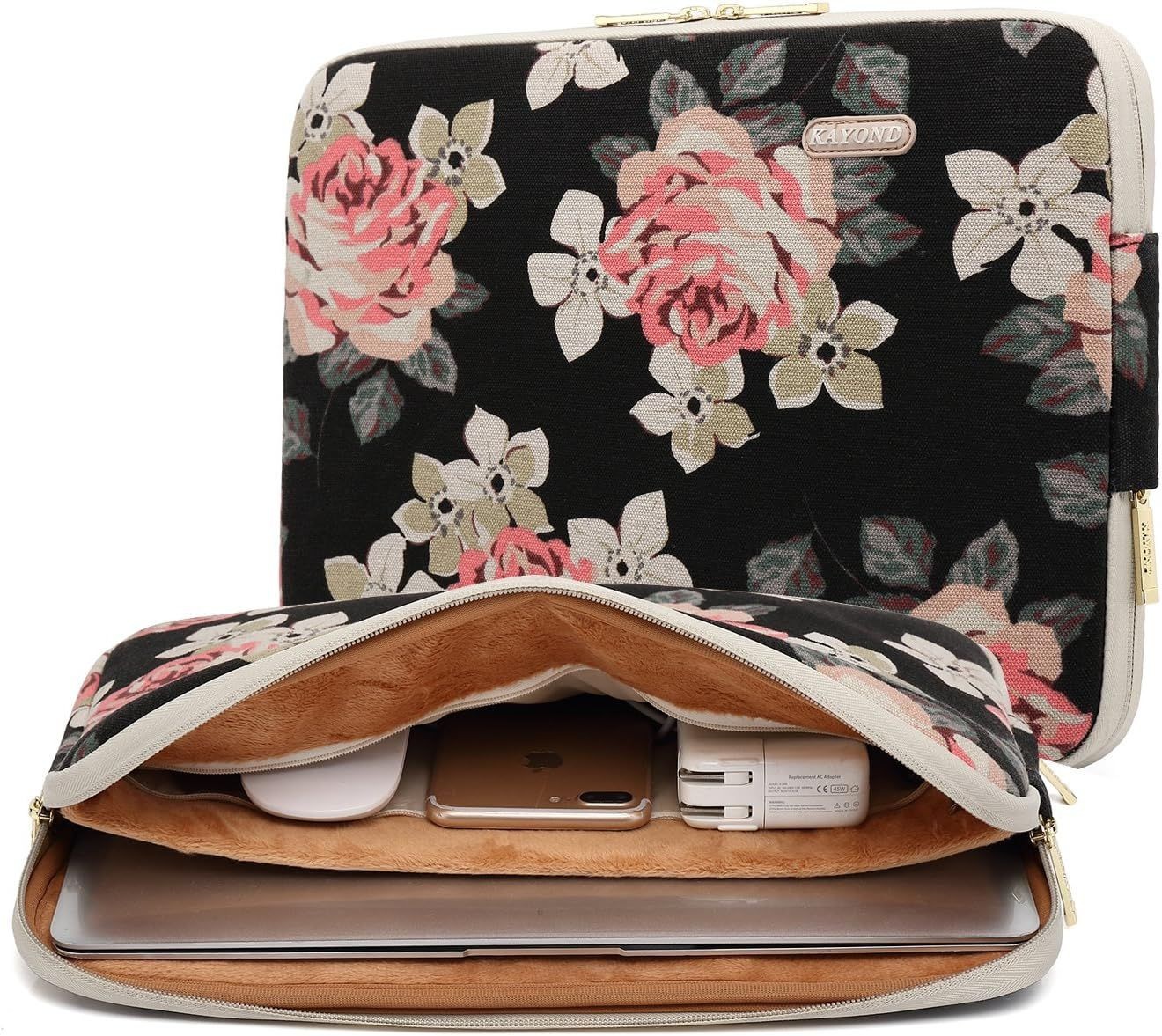 Water-Resistant 17 Inch Laptop Sleeve in Black Rose Patten Canvas Design