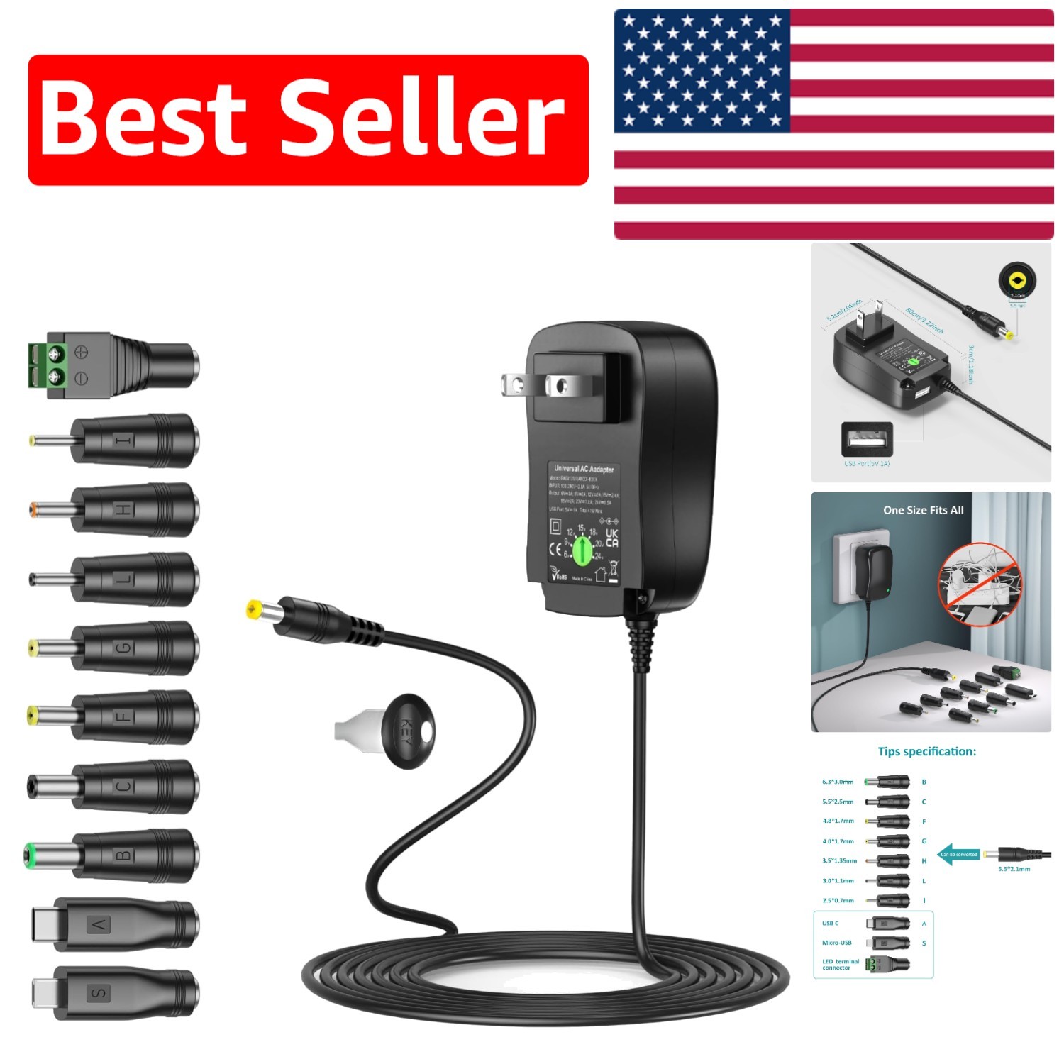 Compact 41W Universal AC Adapter with USB and Short Circuit Protection Features