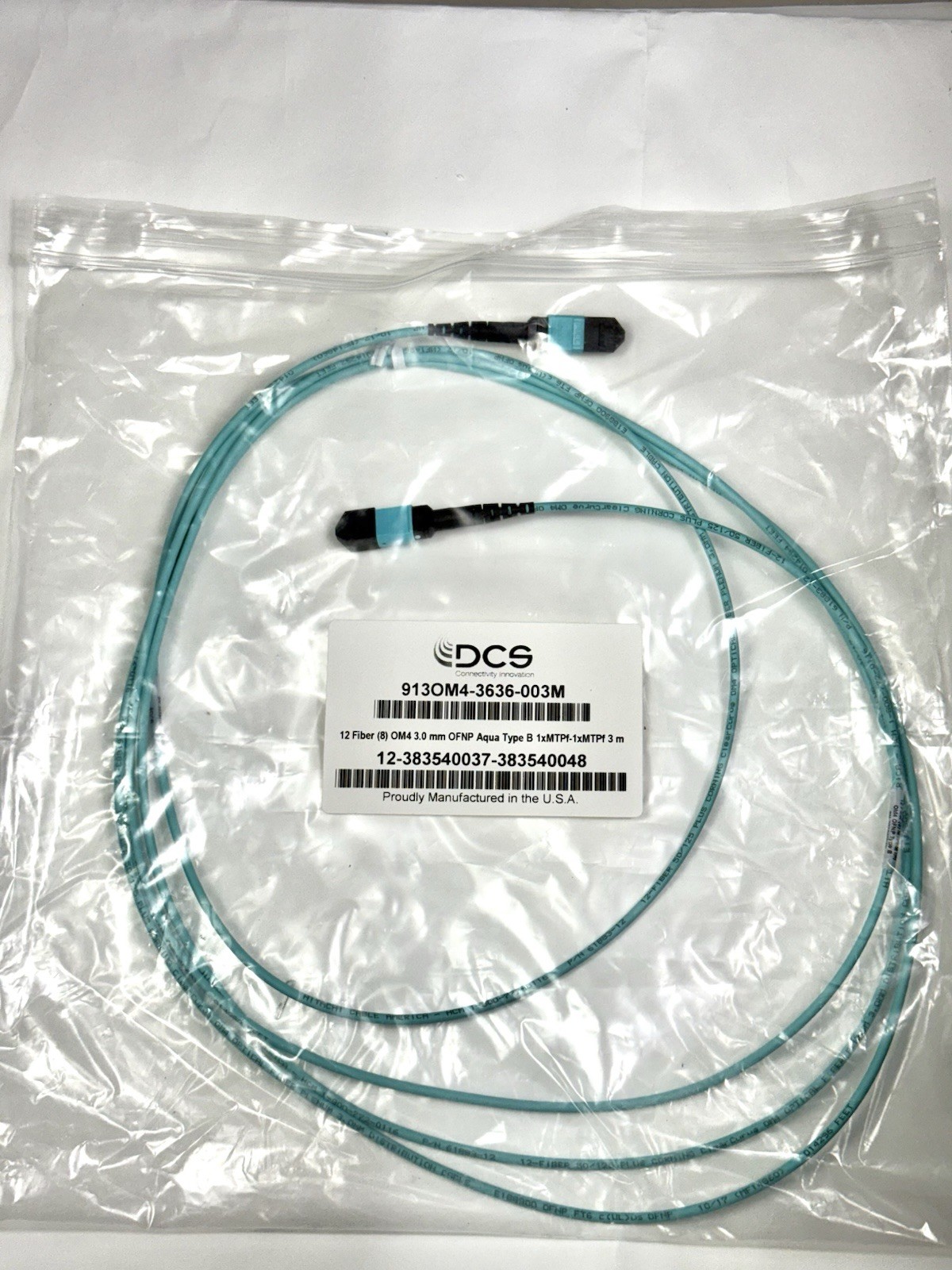 New MTP® Corning Fiber (8) OM4 MM 3.0mm 50/125 OFNP/Plenum Aqua Type-B 3M/10FT