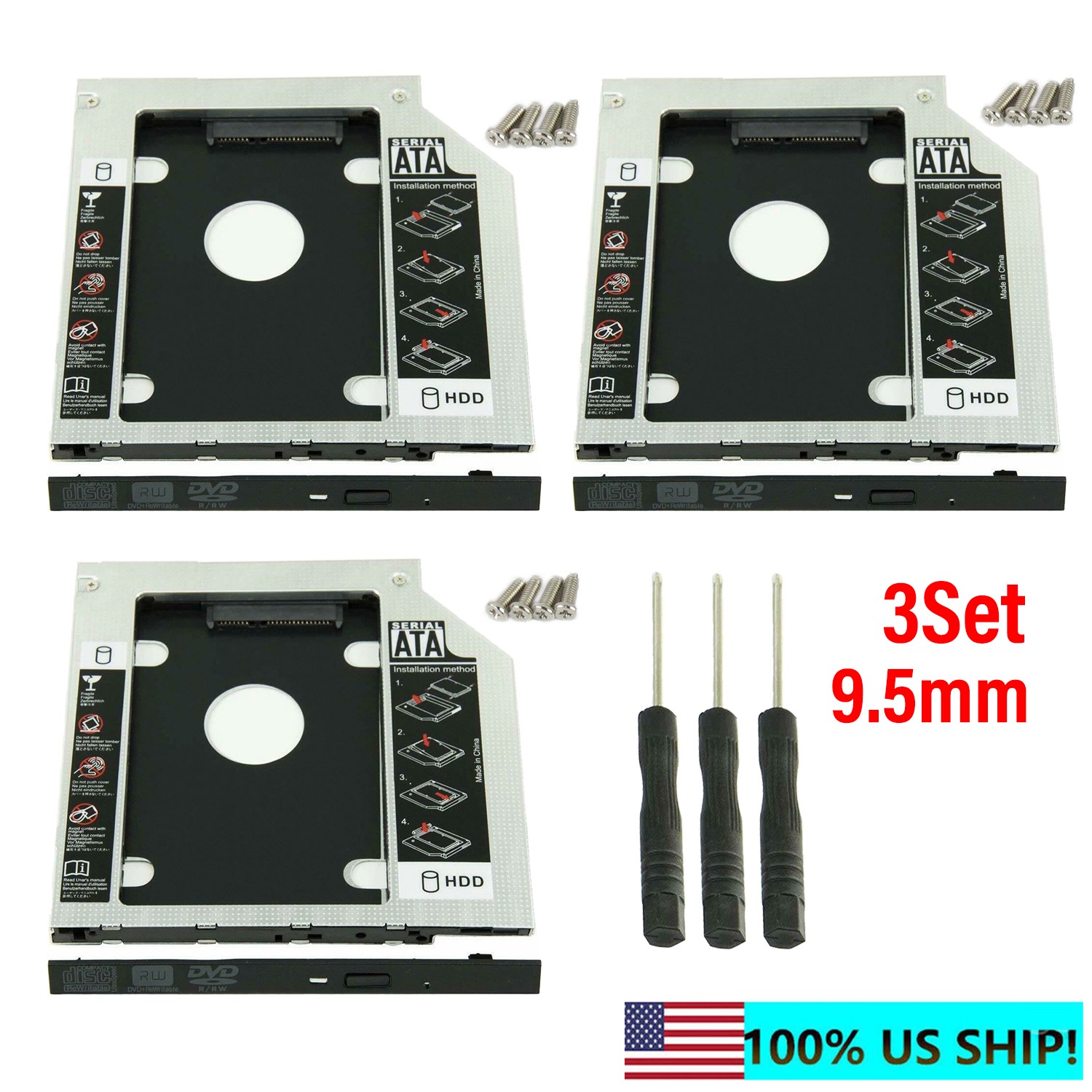 9.5mm Universal For SATA 2nd HDD SSD Hard Drive Caddy CD/DVD-ROM Optical Bay 3X