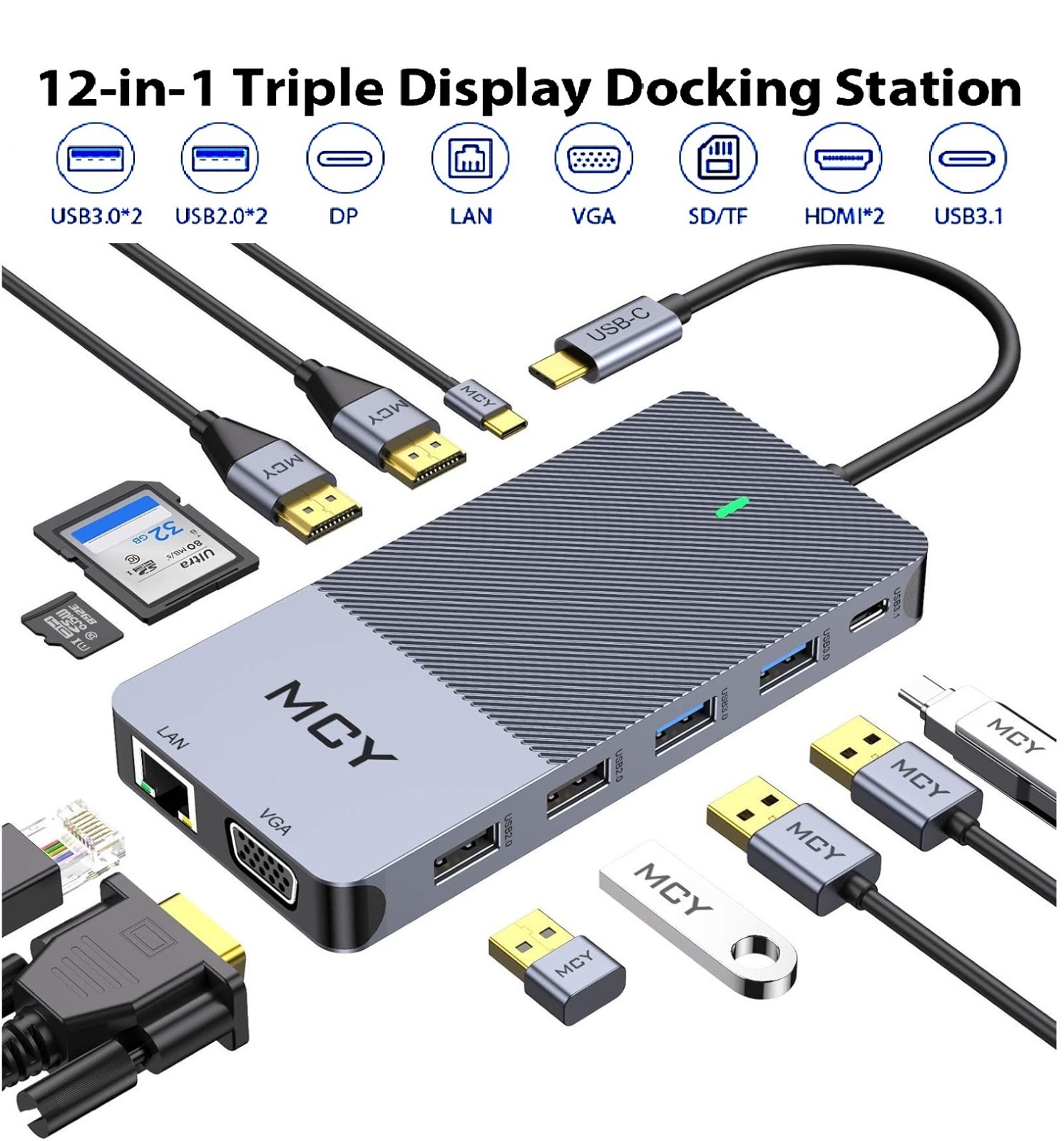 12-Port Docking Station USB-C Hub /4K-HDMI/USB 2.0/USB 3.0/USB 3.1/VGA/SD/TF NEW
